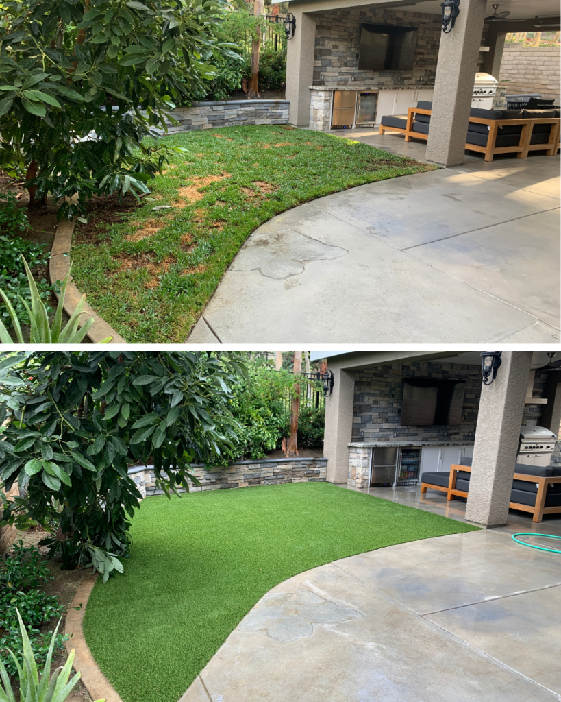 brown lawn before and artificial grass green after