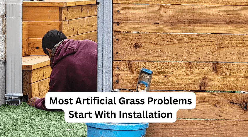 Man installing artificial grass, highlighting importance of proper installation.