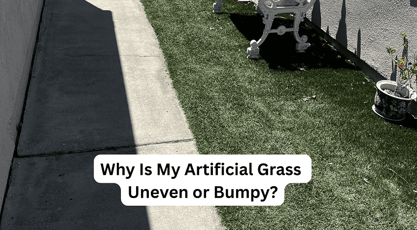 Uneven artificial grass surface showing bumps and irregularities.