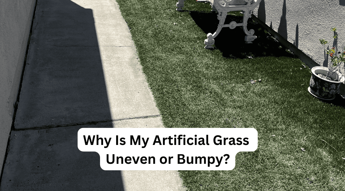 Uneven artificial grass surface showing bumps and irregularities.